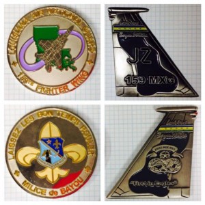 Two more of Bart’s favorites: Louisiana Air National Guard coin (left, front & back), Louisiana Bayou Militia coin (right, front & back)  