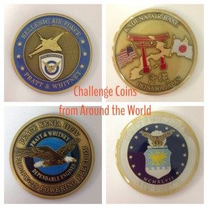 The Greek challenge coin presented to Kaveh by the Hellenic Air Force (left: front & back) & the Japanese challenge coin presented to Kaveh from Kadena Air Base in Okinawa, Japan (left, front & back)